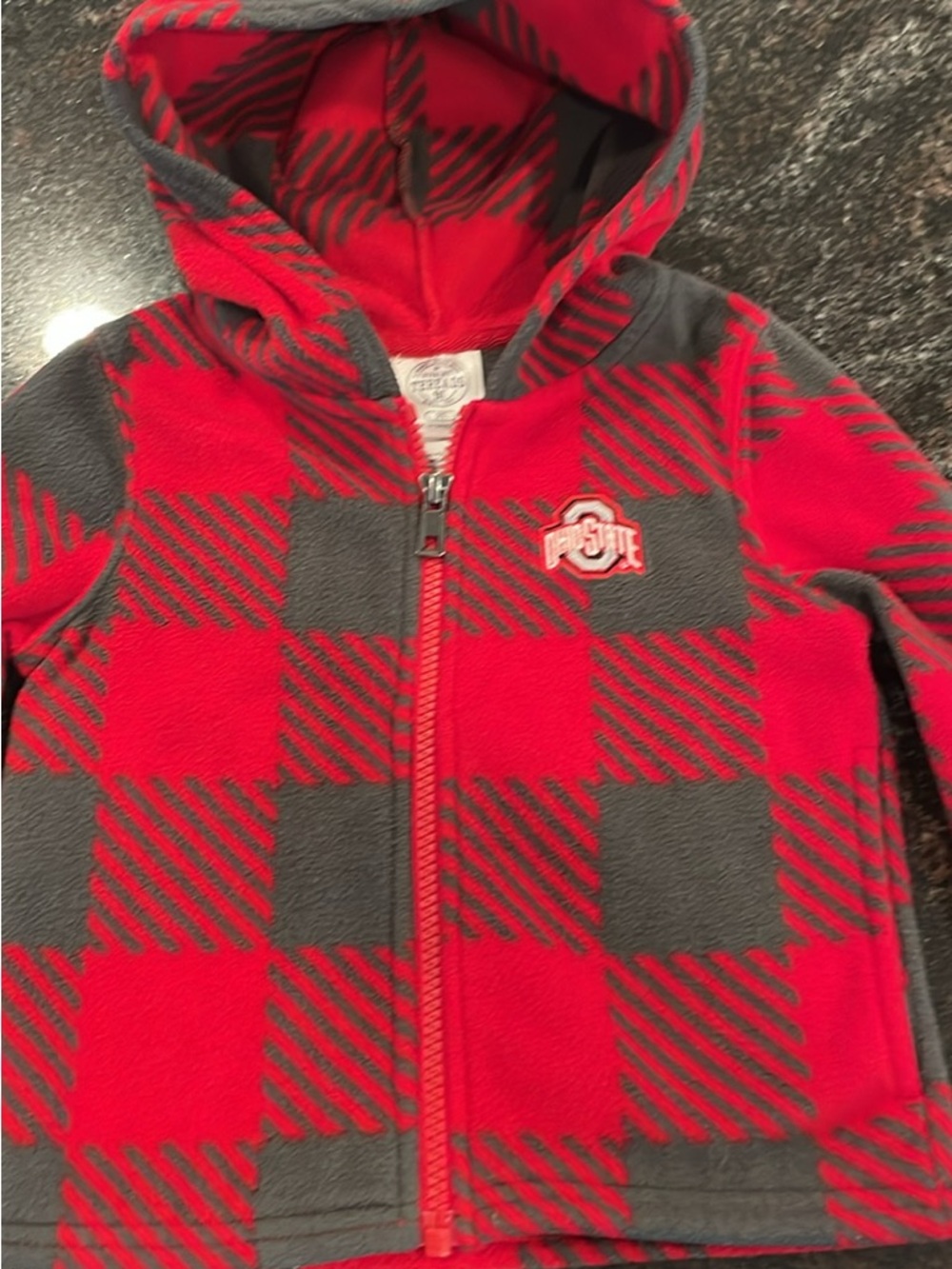 Ohio State Kids Red & Gray Buffalo Plaid Hooded Zip Fleece with Team Patch